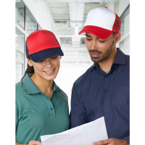 A red and white Contrast Trucker Cap is worn by two people, one in a green shirt and the other in a blue shirt.