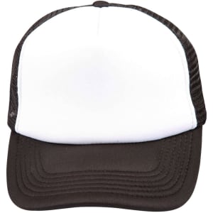 A black and white Contrast Trucker Cap with a solid front panel and mesh back. It features a logo on the front.