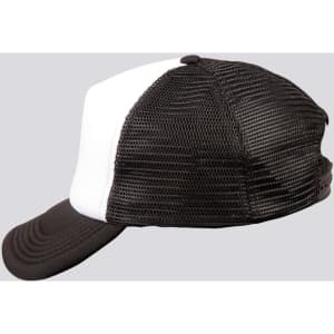 A black and white trucker cap featuring a mesh back and a curved brim, with a logo on the front.