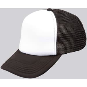 A black and white trucker cap featuring a solid front panel and mesh back. It has a curved brim and a logo.