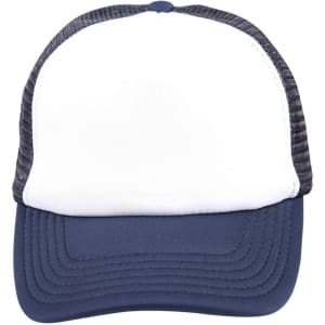 A Contrast Trucker Cap featuring a white front and navy blue brim, with a black mesh back and an embedded logo.