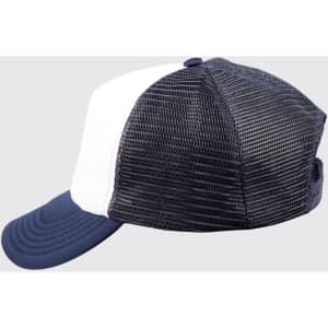 A navy blue and white trucker cap featuring a mesh back and a curved brim, complete with a logo.