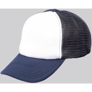 A trucker cap featuring a navy blue front and white mesh side panels, designed for breathable comfort.