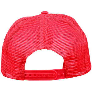 A red trucker cap featuring a mesh back and an adjustable snap closure. It has a logo on the front.