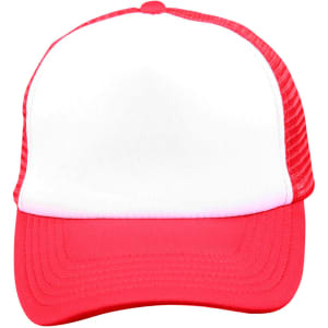 A red and white Contrast Trucker Cap with a solid front and mesh back, featuring a logo on the front.