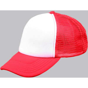 A red and white trucker cap with a solid front panel and mesh back. It features a curved peak and has a logo.