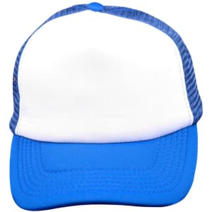 A trucker cap featuring a blue visor and white front panel, with a mesh back and a logo on the side.