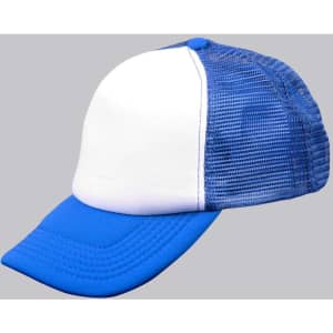 A blue and white trucker cap with a structured front and mesh back. It features a logo on the front.