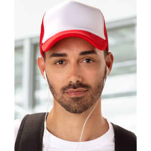 A trucker cap featuring a red brim and white front panel, paired with a male model wearing earphones.
