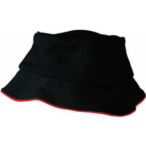 A black bucket hat with a contrasting red trim, featuring a textured mesh design and a logo.