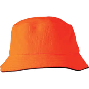 An orange bucket hat with a textured surface and black sandwich trim around the brim, featuring a logo.
