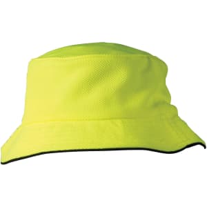 A bright yellow bucket hat with a black sandwich trim and a logo. Textured pique mesh material.