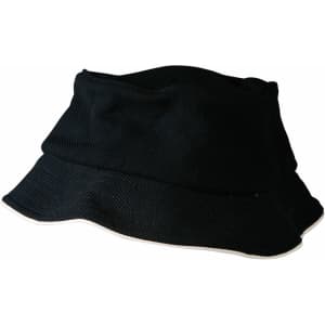 A black Pique mesh bucket hat with sandwich trim. Features a comfortable design and has a logo.