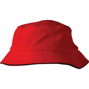 A red bucket hat with a mesh texture and sandwich trim, featuring a branding logo.