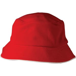 A red bucket hat with a mesh design and white sandwich trim, featuring a logo.