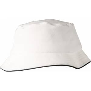 A white bucket hat with a textured pique mesh design and sandwich trim, featuring a logo.