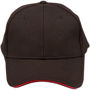 A black cap with a contrast red underbrim and a front panel featuring a logo.