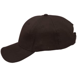 A black cap with a curved peak and an adjustable strap at the back, featuring a logo.
