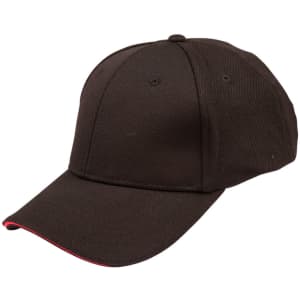 A black cap with a contrast red sandwich peak, featuring stitching and ventilation holes. Includes a logo.