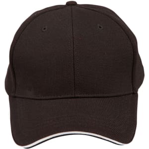 A black cap with a contrast sandwich trim and ventilation holes. It has a logo on the front.