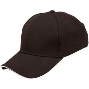 A black cap with a curved brim and contrasting trim, featuring a logo on the side.