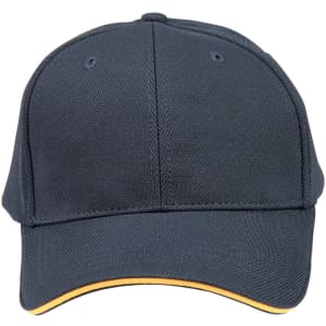 A dark grey cap with a contrasting yellow sandwich peak and eyelets, featuring a branding logo.
