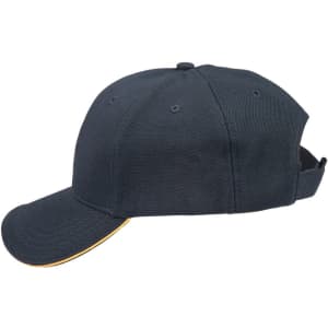 A dark navy cap with a contrasting yellow underside to the visor and a logo on the front.