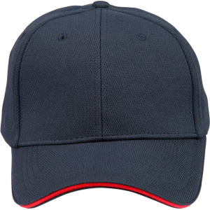 A navy cap featuring a red contrast trim, with a structured design and ventilation mesh. It includes a logo.