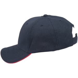 A dark navy cap with a contrasting red trim, featuring a logo on the front.