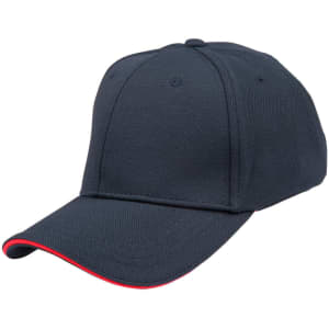 A navy blue cap with a contrasting red brim and a logo on the front.