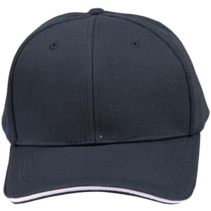 A dark navy cap with a textured mesh design and a contrasting sandwich peak. Features a logo on the front.