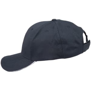 A navy blue cap with a mesh design and contrasting details, featuring a rear adjustment strap and a logo.