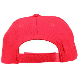 A red cap with a mesh design, featuring a back adjustment strap and ventilation holes. It has a logo on the side.