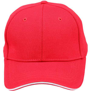 A red cap with a contrasting sandwich peak and a logo on the front. The fabric features a mesh design.