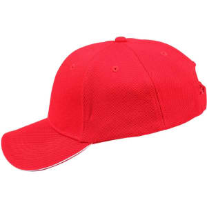 A red cap made of pique mesh fabric features a curved brim and has a logo on the side.
