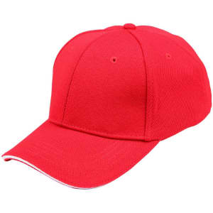 A red cap with a pique mesh design and contrasting detailing, featuring a logo.