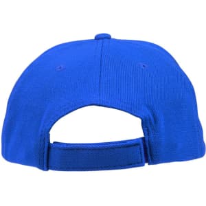 A blue cap with a contrasting mesh design and an adjustable strap at the back.