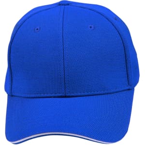 A blue cap featuring a pique mesh design with a contrast sandwich brim and a logo.
