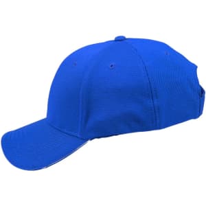 A blue cap with a structured design and a curved brim, featuring a contrasting mesh texture and a logo.