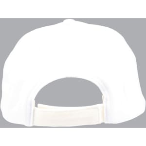 A white cap with a contrasting back adjuster and a logo on the side.