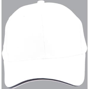 A white cap with a contrast sandwich brim and a logo. Features a mesh texture for breathability.