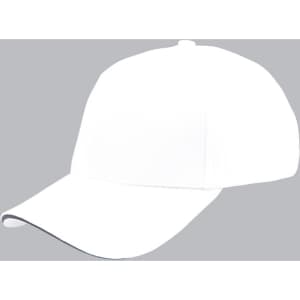A white cap with a contrasting peak and an embroidered logo. Ideal for casual wear and outdoor activities.