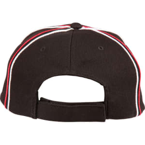A black cap featuring tri-colour stripes, with a structured back and an adjustable strap. Includes a logo.