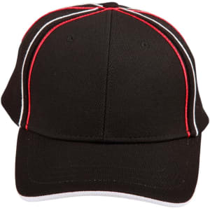 A structured cap in black with red and white piping details and a logo on the front.