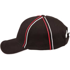 A black cap with red and white stripes, featuring a structured design and a logo on the side.