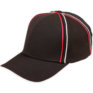 A black structured cap with red and white accent stripes and a logo on the front.