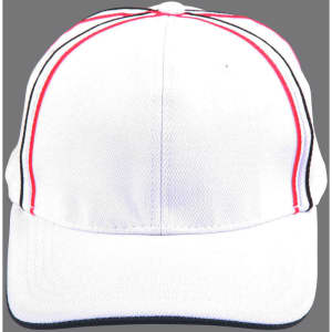 A structured cap featuring a tri-colour design with white, red, and navy blue accents, complete with a logo.
