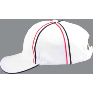 A structured cap in white with red and black accents, featuring a logo on the side.