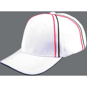 A structured cap in white with red and black contrasting stripes, featuring a small logo.