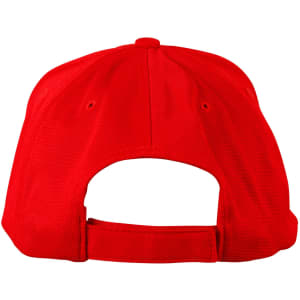 A red, structured cap with a mesh design and an adjustable back strap. It features a logo on the front.